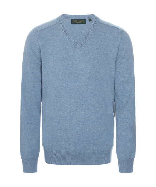 Klassischer Lammwollpullover mit V-Ausschnitt | Blau