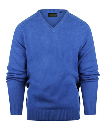 Klassischer Lammwollpullover mit V-Ausschnitt | Blau