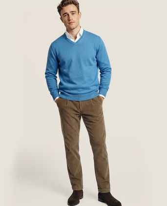 Baumwollpullover mit V-Ausschnitt | Blau