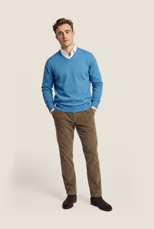 Baumwollpullover mit V-Ausschnitt | Blau