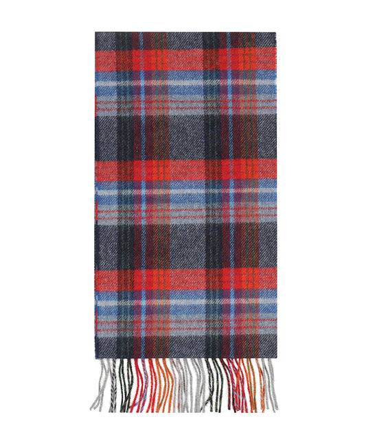 Langer Schal aus Lammwolle mit Karomuster | Marineblau-Rot-Blau-Weinrot-Karo