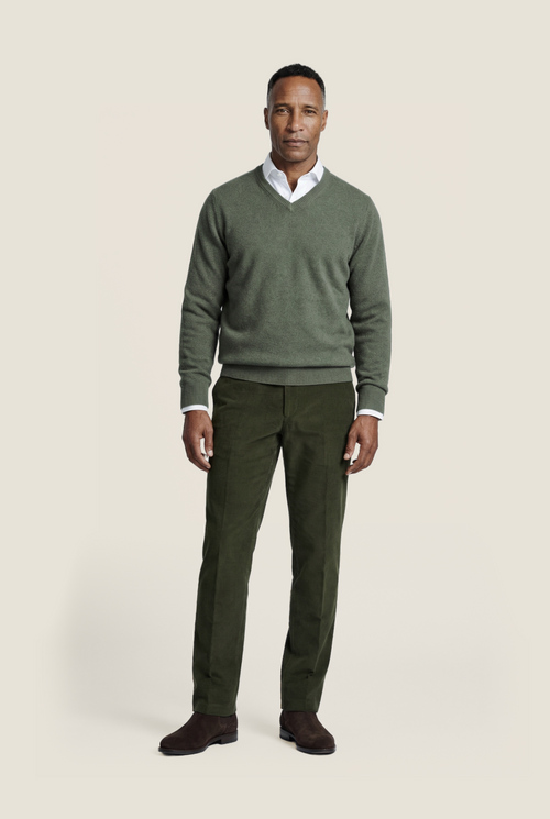Klassischer Lammwollpullover mit V-Ausschnitt | Grün