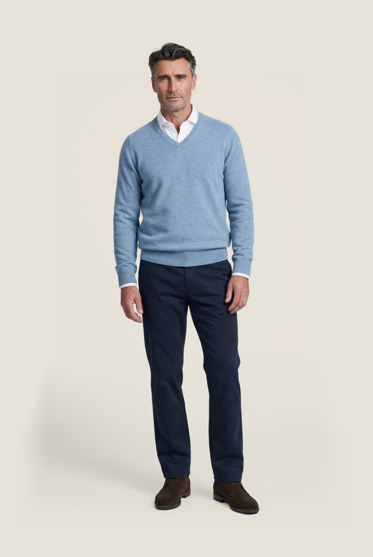 Klassischer Lammwollpullover mit V-Ausschnitt | Blau