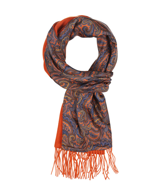 Zijden Cashmere Sjaal | Blauw Oranje Paisley Oranje Effen