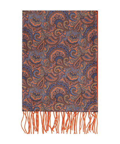 Zijden Cashmere Sjaal | Blauw Oranje Paisley Oranje Effen