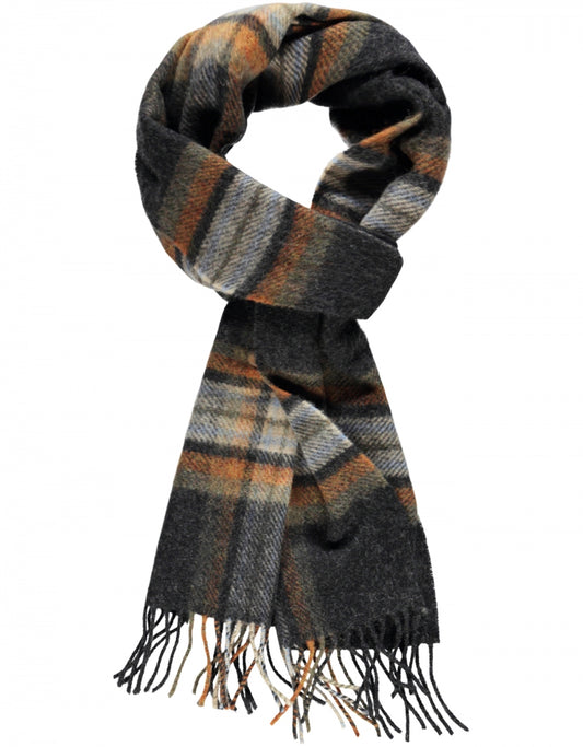 Langer Lammwollschal mit Karomuster | Anthrazit-Beige-Rost-Karo