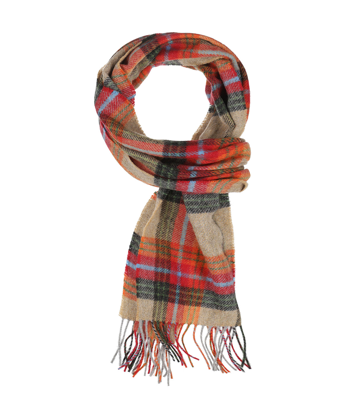 Langer Schal aus Lammwolle mit Karomuster | Beige-Orange-Rot-Anthrazit-Karo