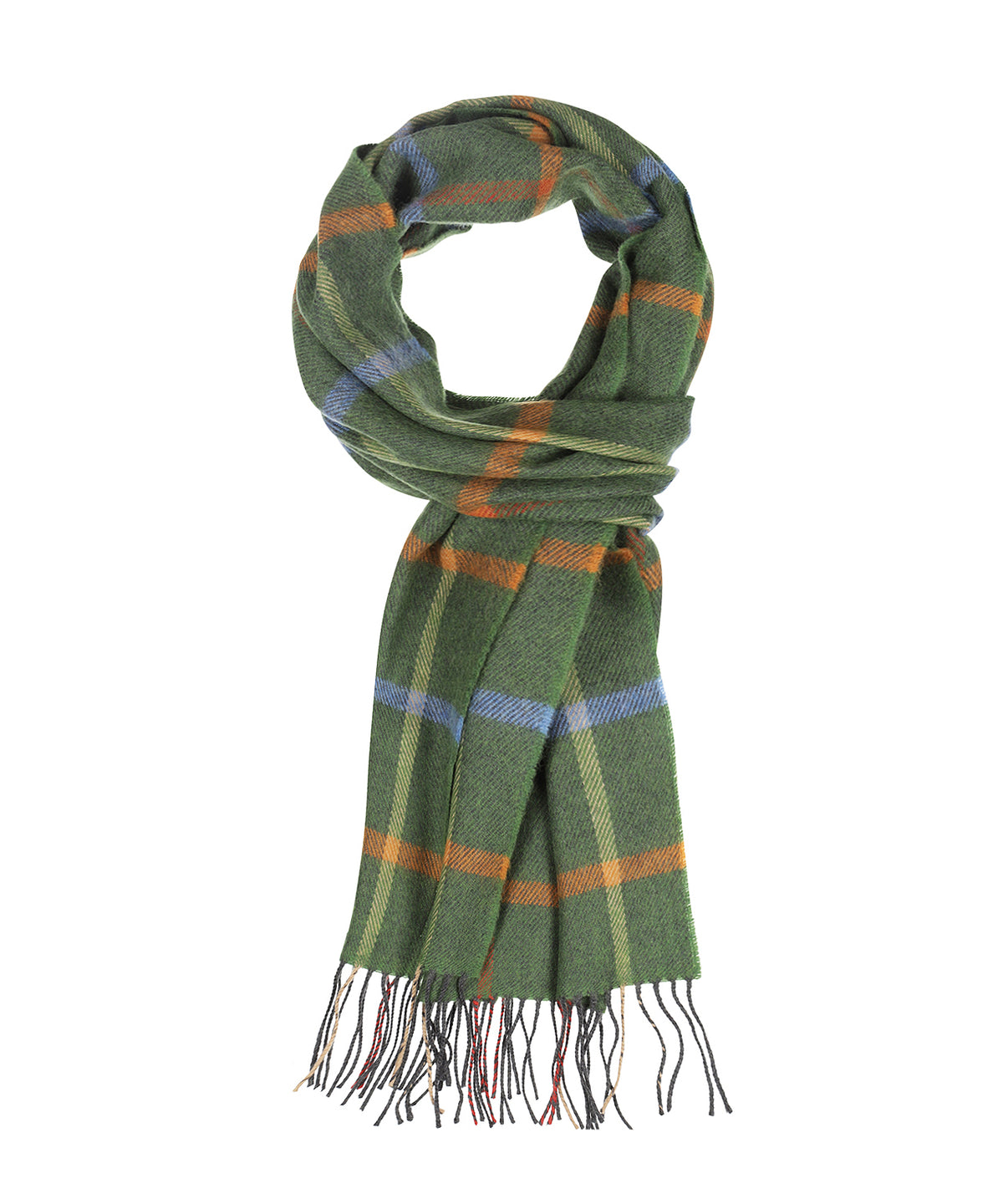 Merino Luxus-Wollschal | Olivgrün hellblau orange kariert