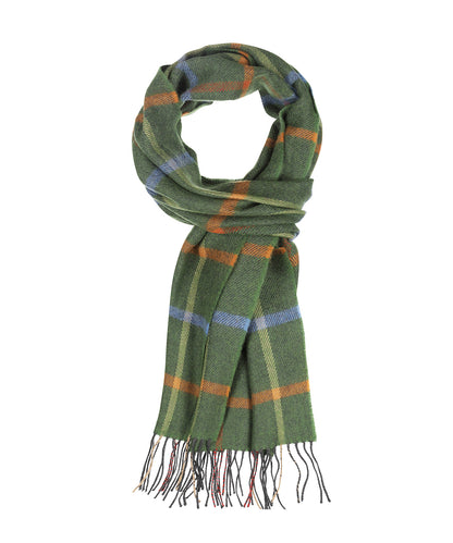 Merino Luxus-Wollschal | Olivgrün hellblau orange kariert