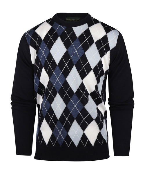 Merino Ronde Hals Ruit Pullover | Navy Blauw