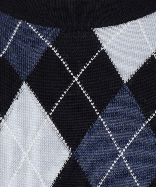 Merino Ronde Hals Ruit Pullover | Navy Blauw