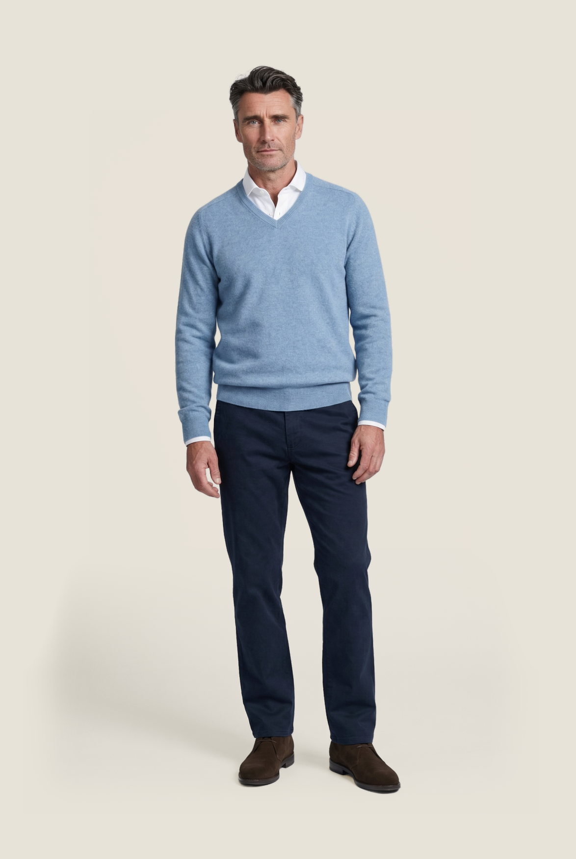 Klassischer Lammwollpullover mit V-Ausschnitt | Blau