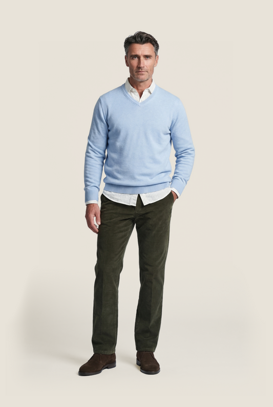 Baumwollpullover mit V-Ausschnitt | Blau