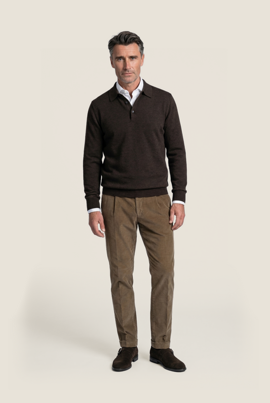 Pullover polo merino wool | Dark Brown