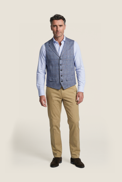 Gilet Zijde | Blauw melange ruit